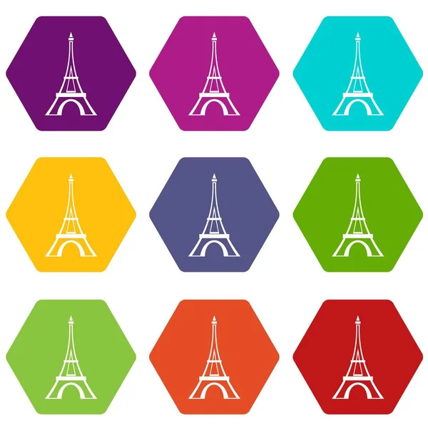 Eiffel tower ikonę Ustaw kolor pręt sześciokątny — Wektor stockowy
