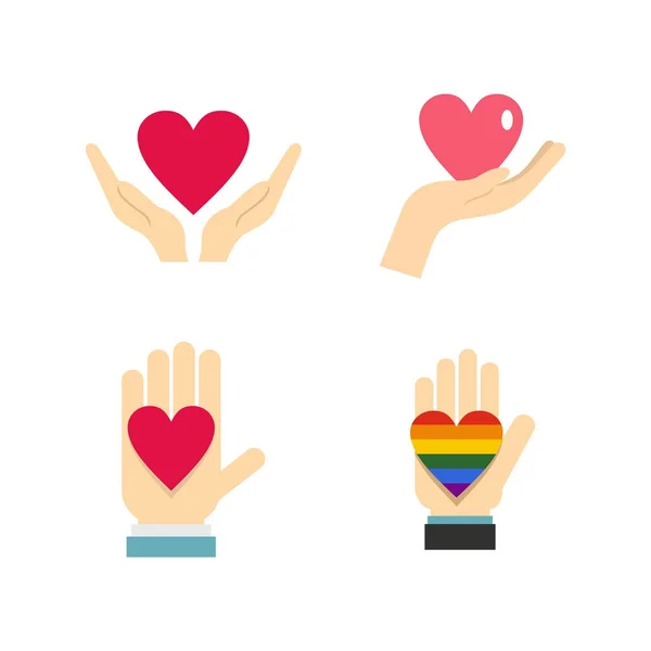 Heart in hand icon set, flat style — Stock Vector