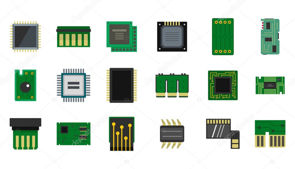 Micro chip icon set, flat style