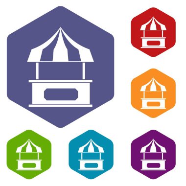 Mağaza kiosk çizgili tente simgeleri ile altıgen ayarla