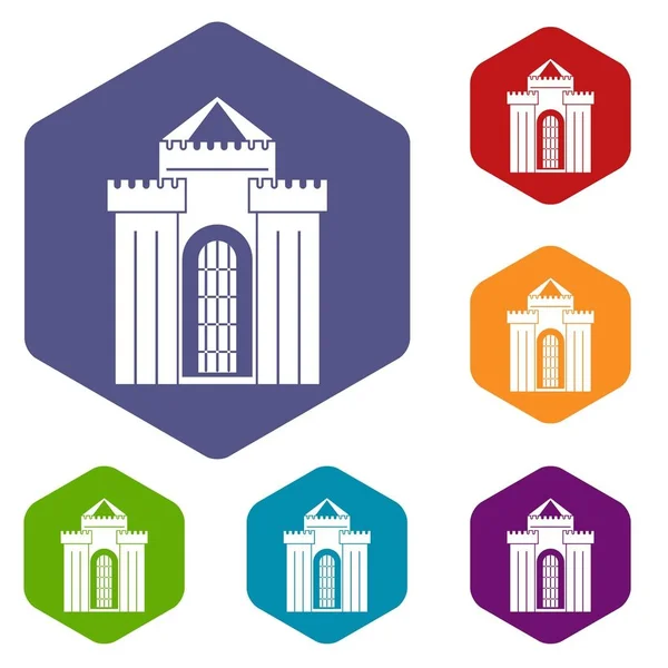 Medieval palace icons set hexagon