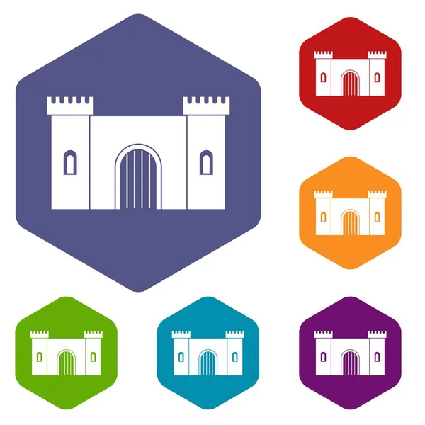 Fortress with gate icons set hexagon — Stock Vector