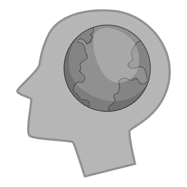 Globe v lidské hlavě ikonu černobílá — Stockový vektor