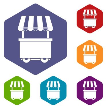 Tente simgeleri ile yiyecek arabası altıgen ayarla