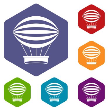 Çizgili retro sıcak hava balon simgeler kümesi altıgen