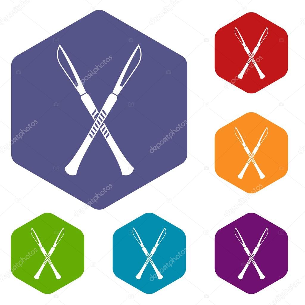 Surgeon scalpels icons set hexagon