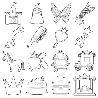 Prenses aksesuarları Icons set, anahat stili