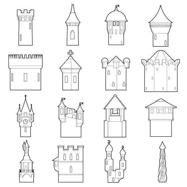 Castelo torre ícones definir cor, estilo esboço — Vetor de Stock