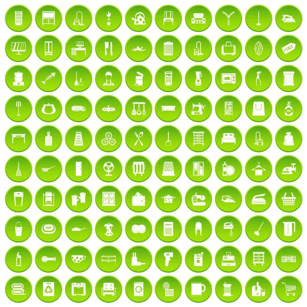 100 huishoudelijk werk iconen instellen groene cirkel — Stockvector