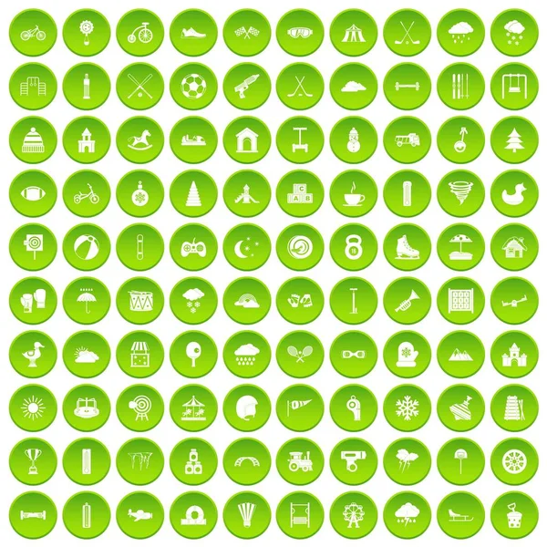 100 crianças jogos ícones definir círculo verde —  Vetores de Stock