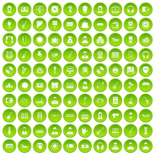 100 music icons set green circle — Stock Vector