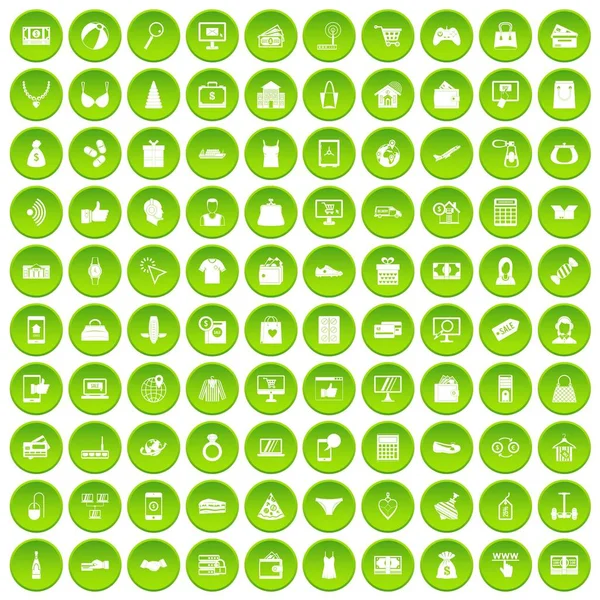 100 online winkelen iconen instellen groene cirkel — Stockvector