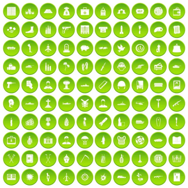 100 wojny ikony zestaw zielony okrąg — Wektor stockowy