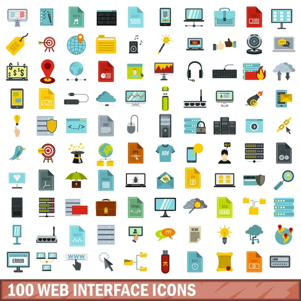 100 Web-Interface-Icons, flacher Stil — Stockvektor