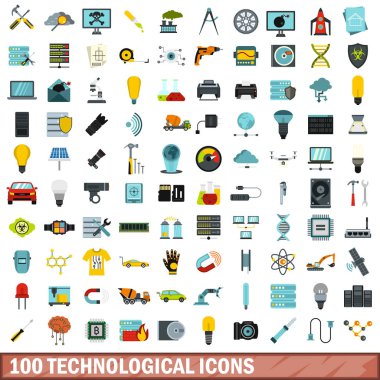 100 teknolojik Icons set, düz stil