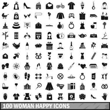 100 kadın mutlu Icons set, basit tarzı