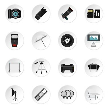 Fotoğraf stüdyosu ekipman Icons set, düz stil