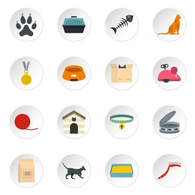 Kedi bakım araçları Icons set düz tarzı