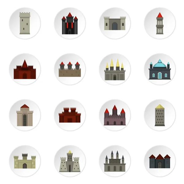 Iconos de torres y castillos ambientados en estilo plano — Vector de stock