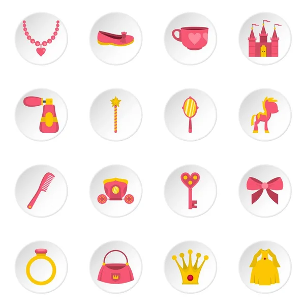 Doll princess items icons set in flat style — Stock Vector