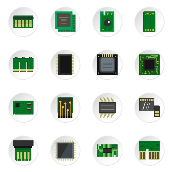 Iconos de chips de ordenador establecidos en estilo plano — Archivo Imágenes Vectoriales