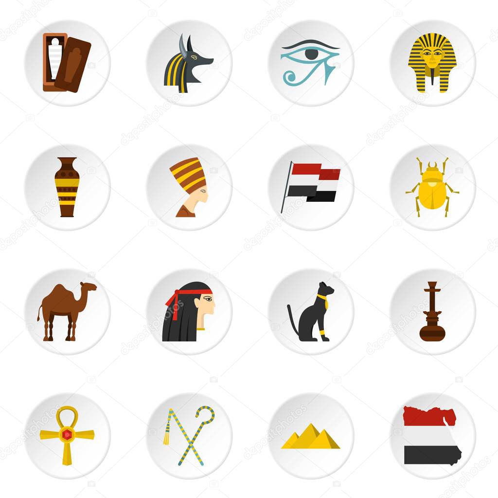 Egypt travel items icons set in flat style