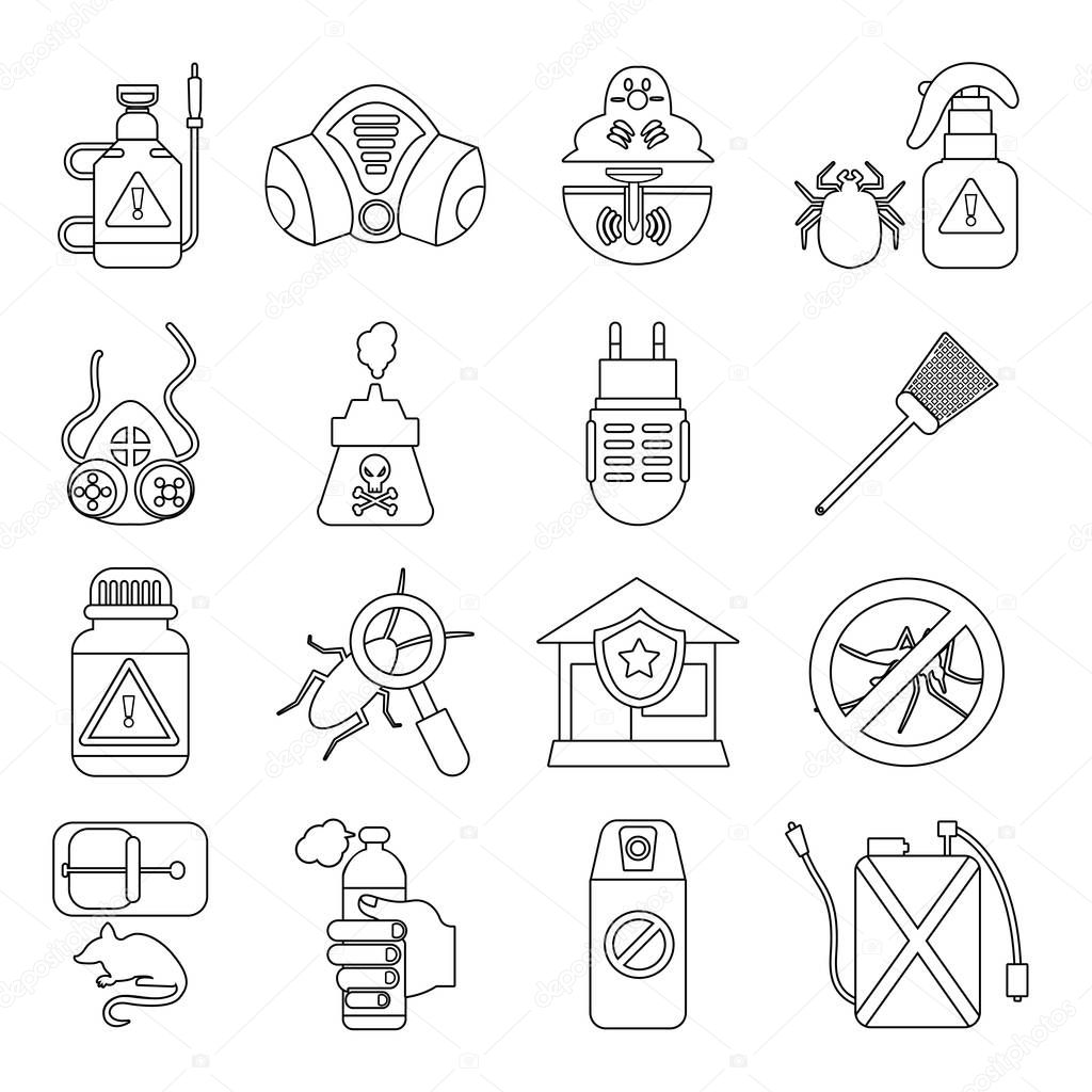 Pest control tools icons set, outline style