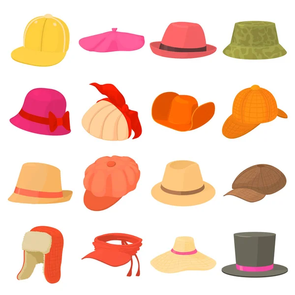 Sombrero tipos iconos conjunto tocado, estilo de dibujos animados — Vector de stock