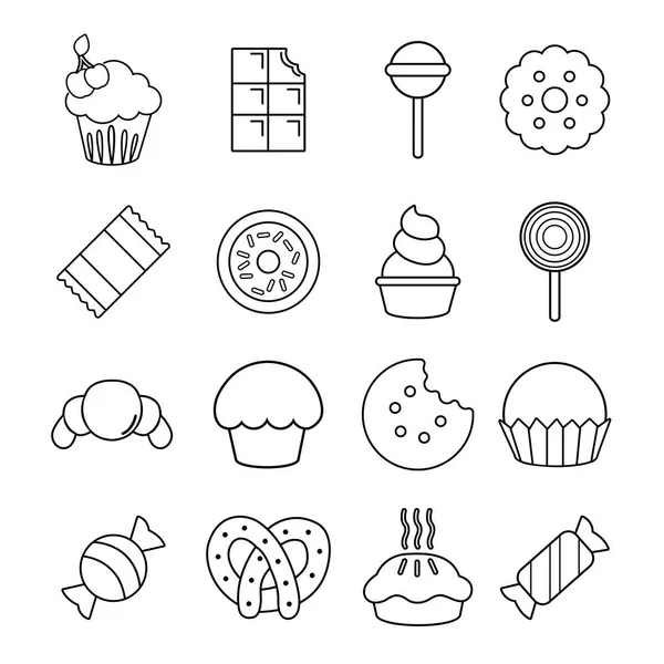 Süßigkeiten Süßigkeiten Kuchen Icons Set, Umriss Stil — Stockvektor