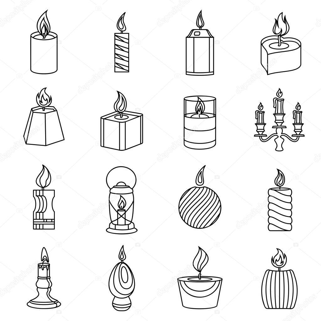 Candle forms icons set flame light, outline style