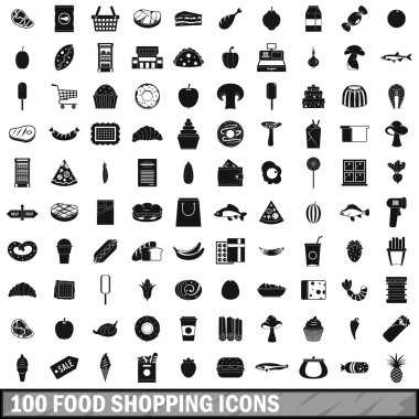 100 Gıda alışveriş Icons set, basit tarzı
