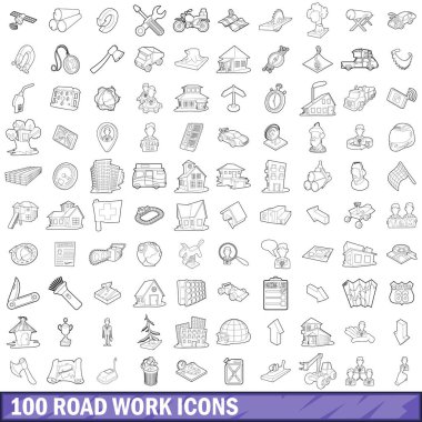 100 yol iş Icons set, anahat stili