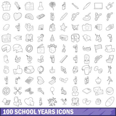 100 okul yıl Icons set, anahat stili