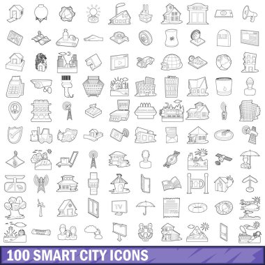 100 akıllı şehir Icons set, anahat stili