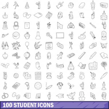 100 öğrenci Icons set, anahat stili