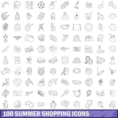 100 alışveriş Icons set, anahat stili yaz