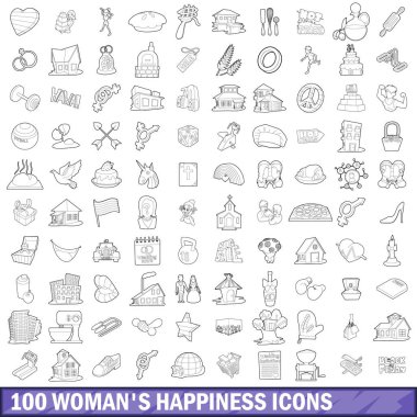 100 kadın mutluluk Icons set, anahat stili