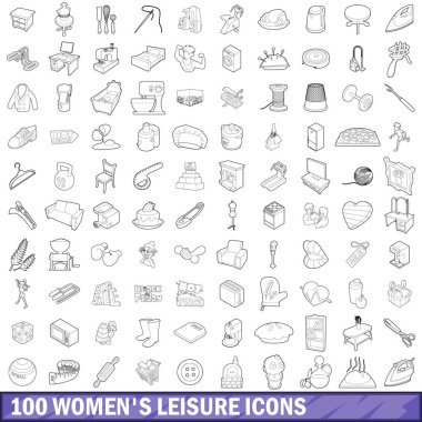 100 kadın eğlence Icons set, anahat stili