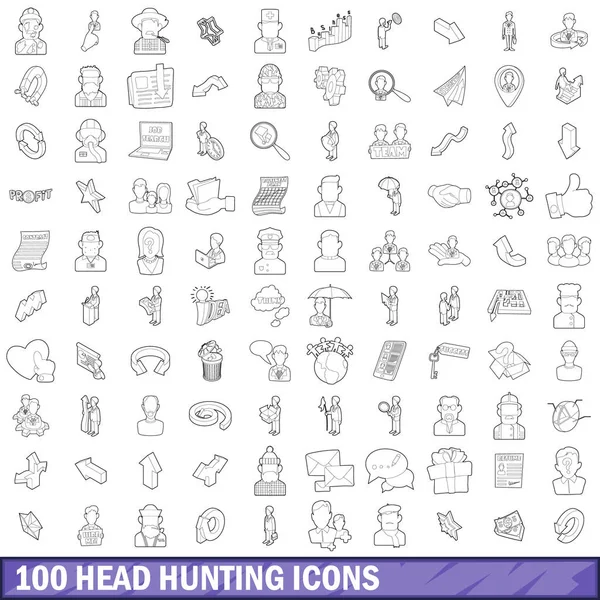 Conjunto de iconos de caza de 100 cabezas, estilo de esquema — Vector de stock