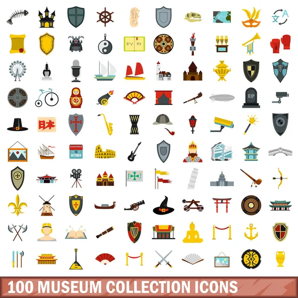 100 іконок музейної колекції, плоский стиль — стоковий вектор