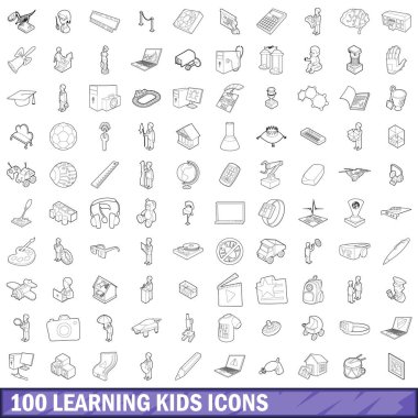 çocuklar Icons set, anahat stili öğrenme 100
