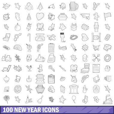 100 yeni yıl Icons set, anahat stili