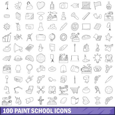 100 okul Icons set, anahat tarzı boya