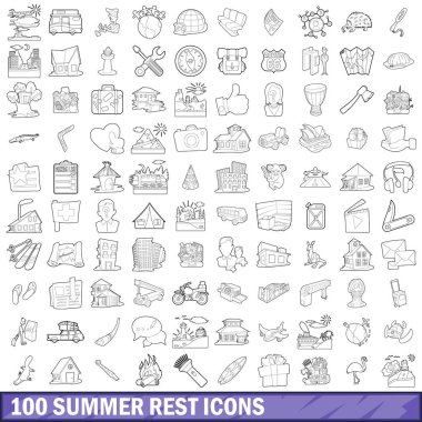 100 yaz dinlenme Icons set, anahat stili