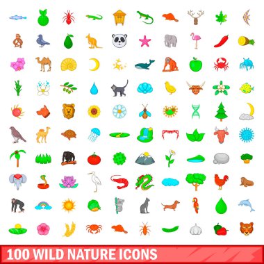 100 vahşi doğa simgeler ayarla, tarzı çizgi film