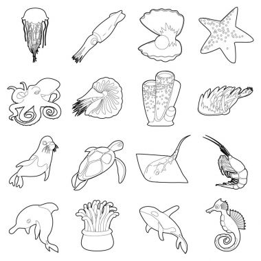 Okyanus hayvanlar fauna Icons set, anahat stili