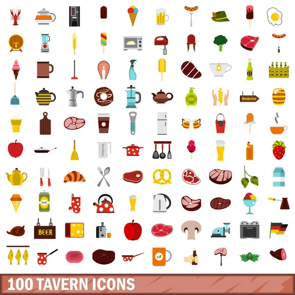 100 conjunto de ícones de taberna, estilo plano — Vetor de Stock