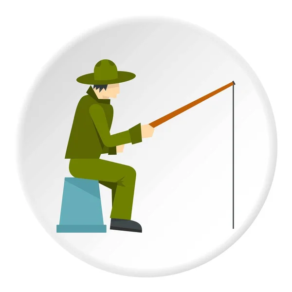 Rybář sedí s kruhem ikonu rybářský prut — Stockový vektor