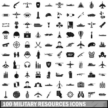 100 askeri kaynakları Icons set, basit tarzı