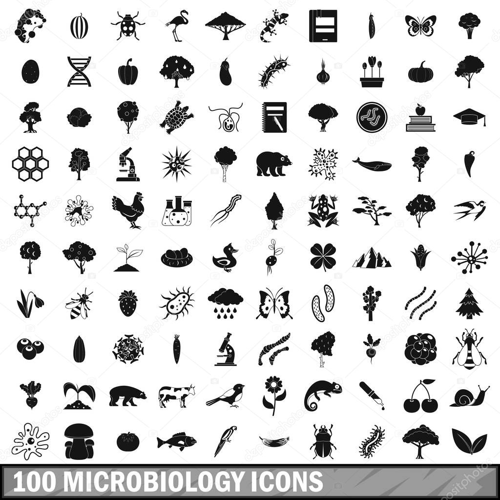 100 microbiology icons set, simple style